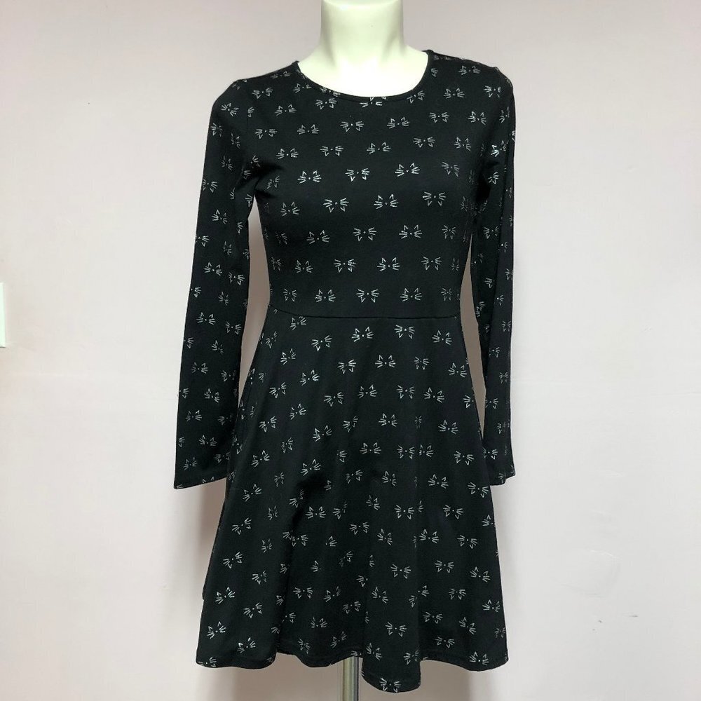 Long Sleeve Black Flared Dress with Cat Outline Faces Pattern Girls XXL